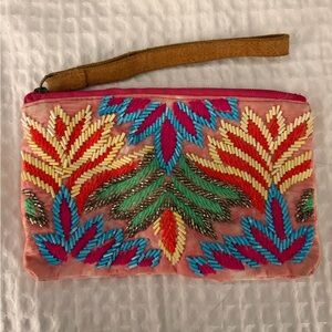 Katydid Pink Embroidered Clutch with Wristlet